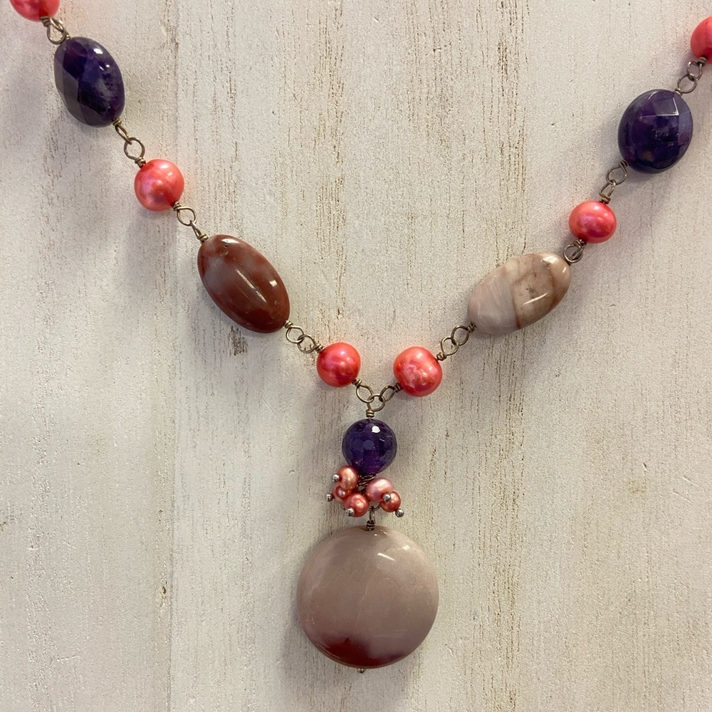 Jay King DTR Sterling 925 Silver Amethyst Jasper Pearl 20” Necklace EUC